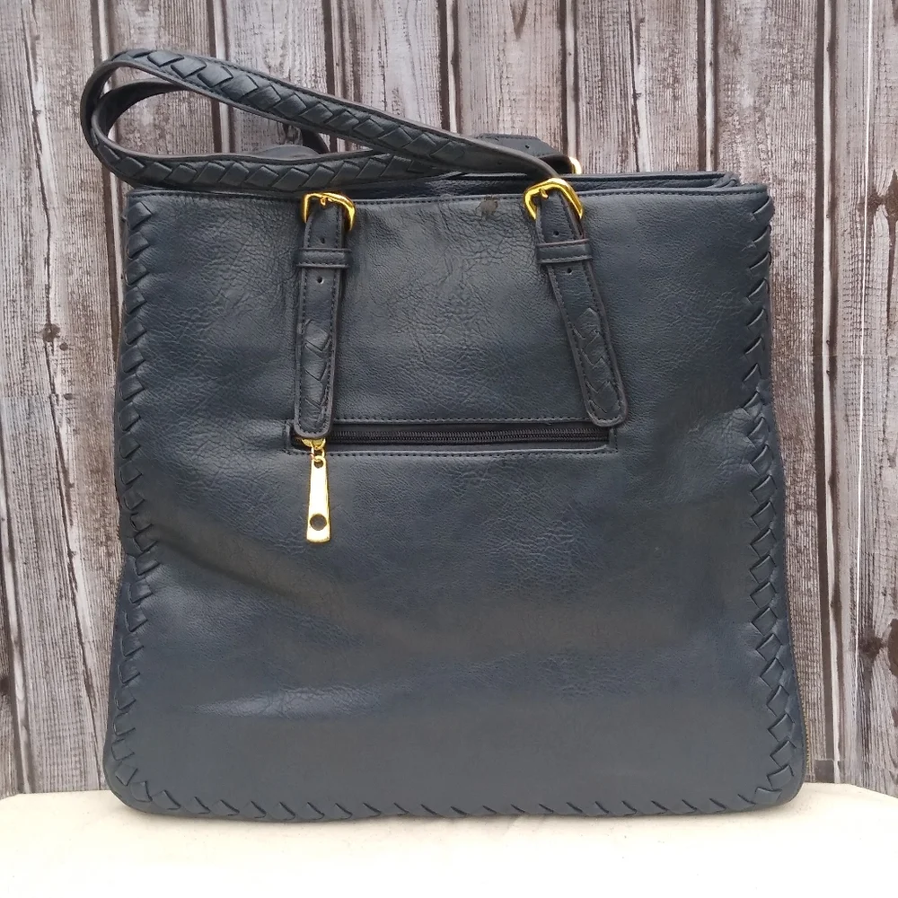 Leather Messenger Tote Bag Expandable Convertible Bag Navy Blue - Picture 2 of 16